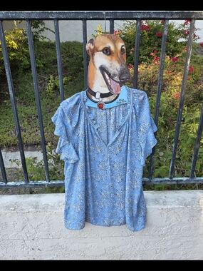 Max Studio Blue Floral Ruffle-Sleeve Blouse